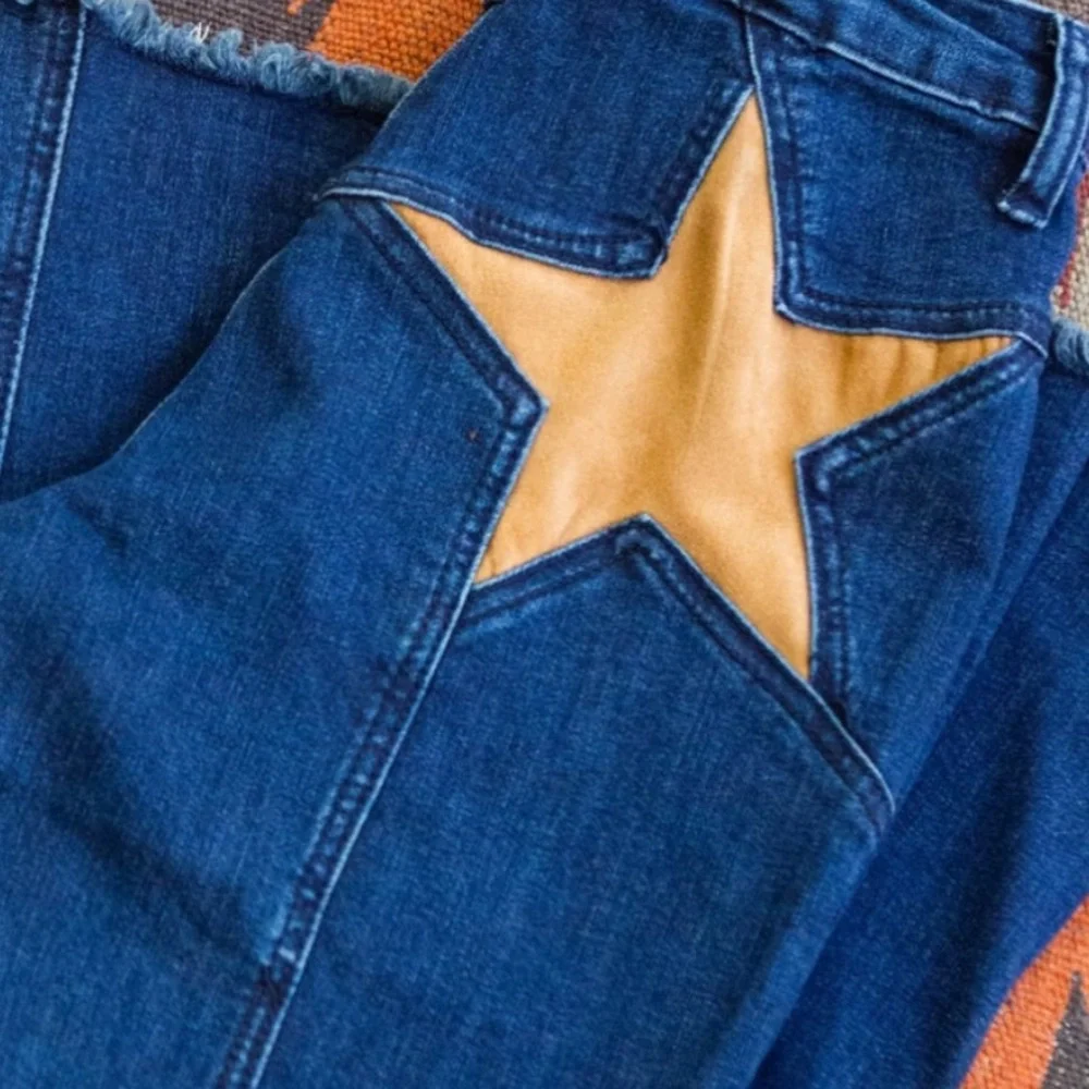 BAELEVY NWT faux dude star flare pants -blue/tan -large - Picture 6 of 10